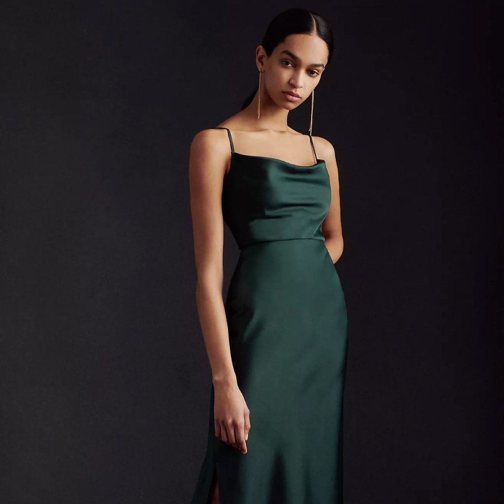 BHLDN Cali Satin Cowl-Neck Midi Slip Dress Dark Emerald - Size 4